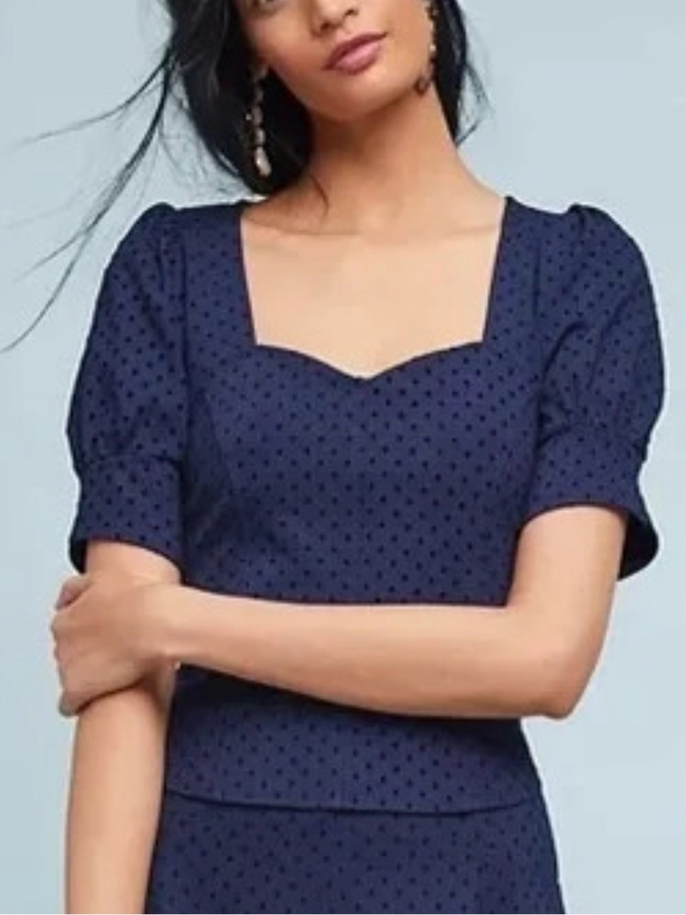 Anthropologie Navy Swiss Dot Square-Neck Puff Sleeve Top